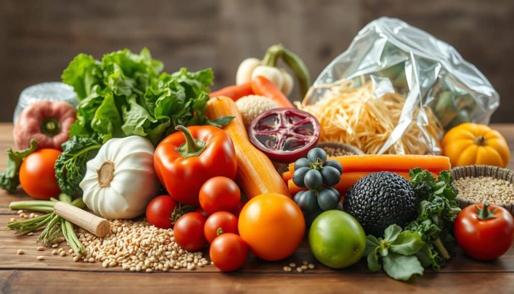 A well-lit, high-resolution image of a variety of fresh, colorful vegetables, fruits, and whole grains arranged in a visually appealing and appetizing manner on a wooden table or surface. The composition should have a balanced, harmonious layout that suggests a healthy, balanced diet. Include details like different textures, shapes, and colors to create visual interest. Capture a sense of vitality and vibrancy, with natural lighting that casts soft shadows and highlights the natural beauty of the ingredients. The overall mood should be one of wellness, nourishment, and the potential for improved erectile function through dietary changes.
