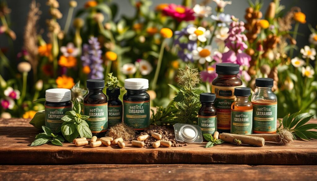 A still life arrangement featuring an assortment of herbal supplements commonly used to treat erectile dysfunction. Placed on a rustic wooden table, the supplements are displayed in an elegant yet informative manner. Warm, natural lighting casts soft shadows, highlighting the textures and colors of the herbs, capsules, and tinctures. The composition is balanced and visually appealing, conveying a sense of professionalism and expertise. In the background, a blurred array of various medicinal plants and flowers creates a serene, botanical atmosphere. The overall image suggests the potential benefits and efficacy of these natural remedies for improving sexual function.