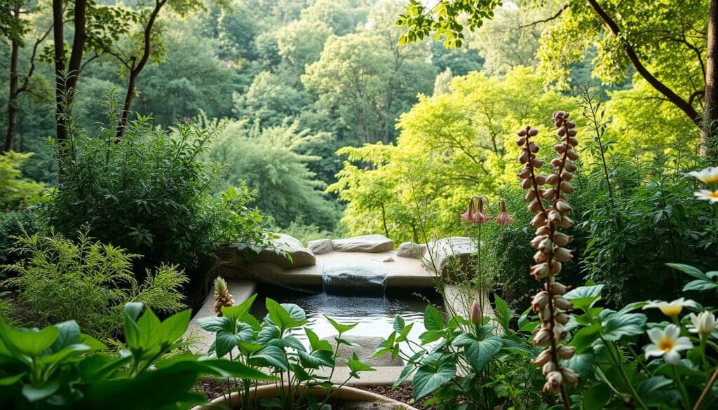 A serene herbal garden with an assortment of natural remedies for erectile dysfunction. In the foreground, a variety of medicinal plants such as gingko biloba, ginseng, and horny goat weed are artfully arranged. The middle ground features a soothing water feature, with soft, natural lighting illuminating the scene. In the background, a lush, verdant forest provides a tranquil backdrop, conveying a sense of wellness and wholesome vitality. The overall mood is one of natural harmony and therapeutic potential, inviting the viewer to explore the restorative powers of these herbal solutions.